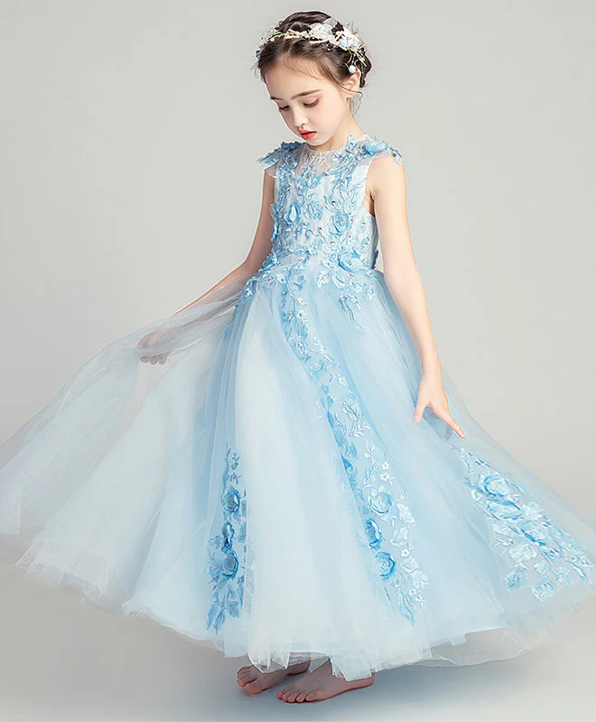 Blue Round Neck Tulle Lace Flower Girl Dress, Girl Fashion Dress - Deanwangkt