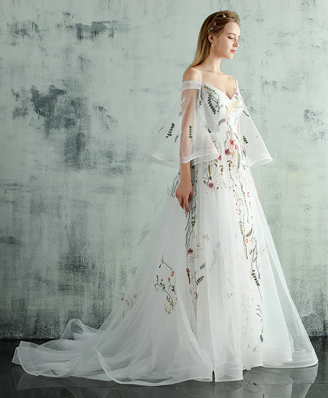White V Neck Tulle Lace Long Prom Dress, Evening Dress - Deanwangkt