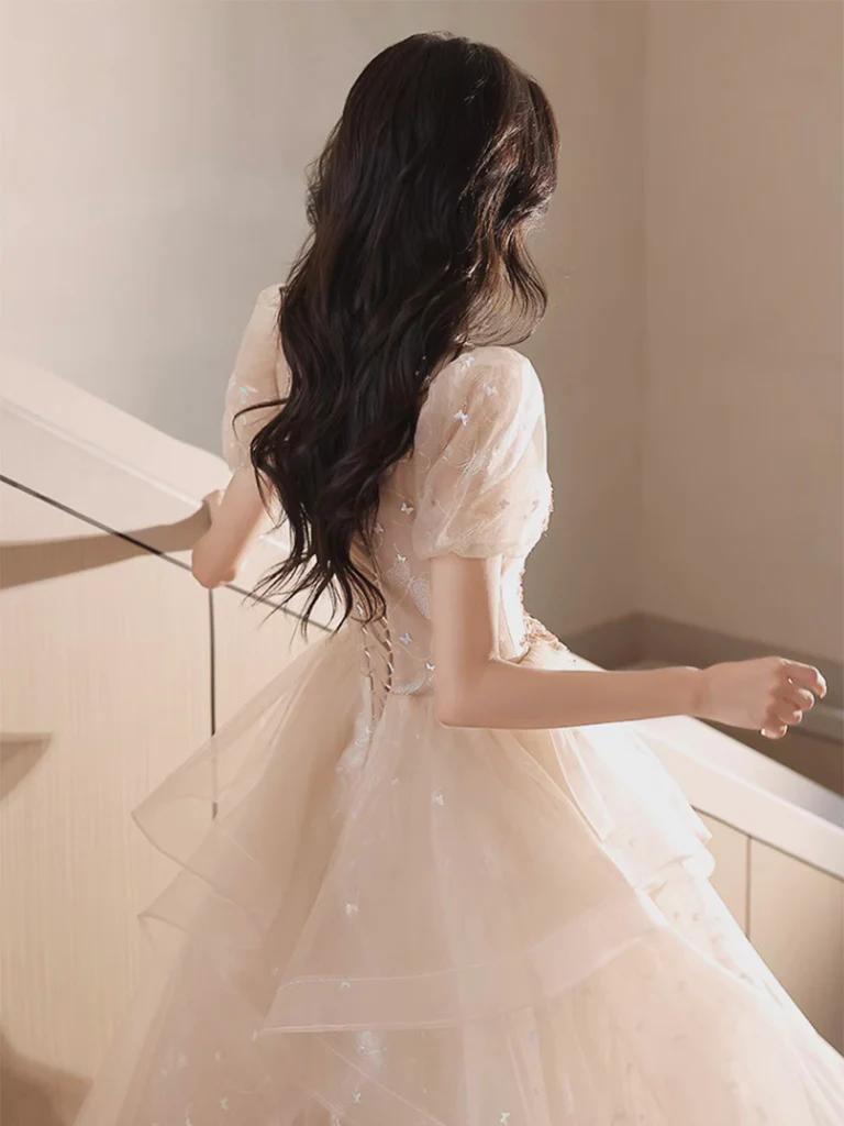 A-Line Champagne Tulle Sequin Long Prom Dress, Champagne Formal Dress - Deanwangkt