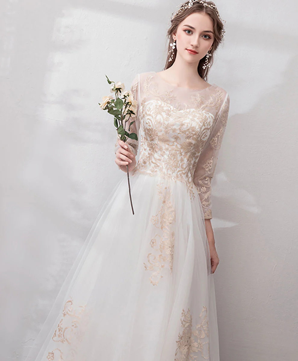 White Round Neck Tulle Lace Long Prom Dress Lace Formal Dress - Deanwangkt