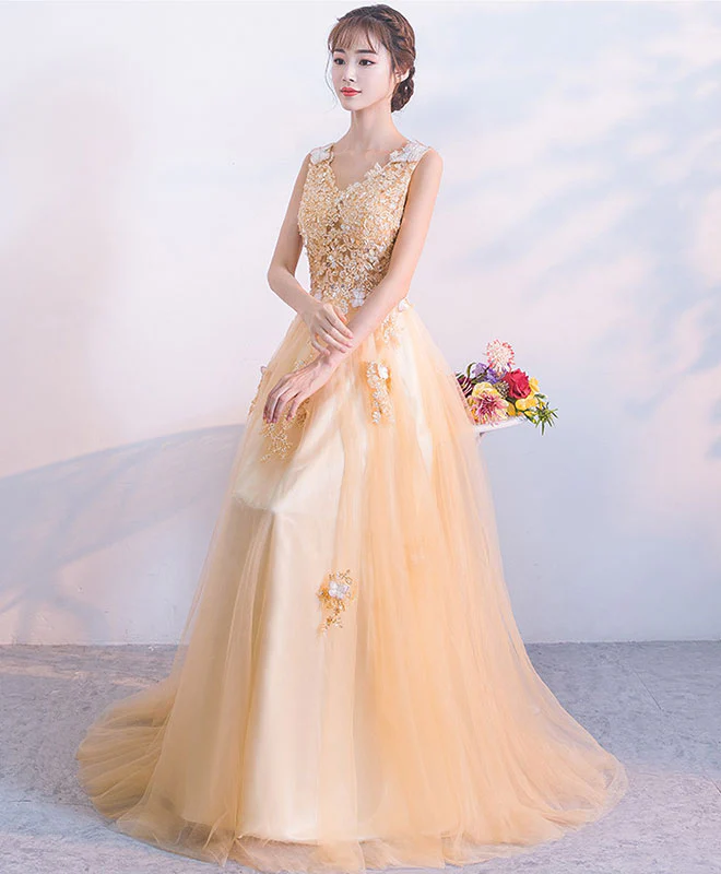Champagne Tulle Lace Long Prom Dress. Champagne Tulle Evening Dress - Deanwangkt