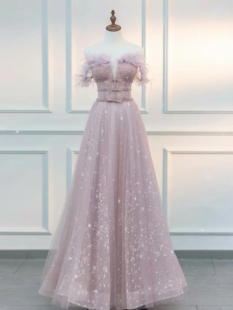 A-Line  Off Shoulder Tulle Pink Long Prom Dress, Pink Graduation Dress with Beads - Deanwangkt