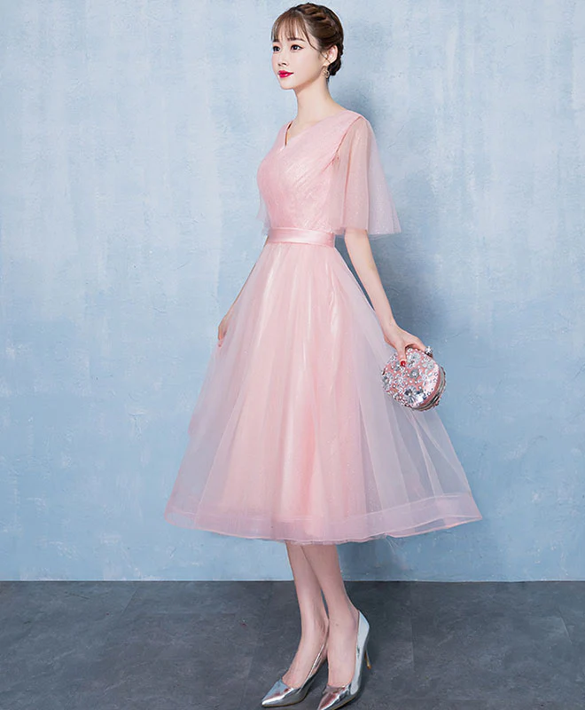 Simple V Neck Tulle Short Prom Dress, Pink Tulle Homecoming Dress - Deanwangkt