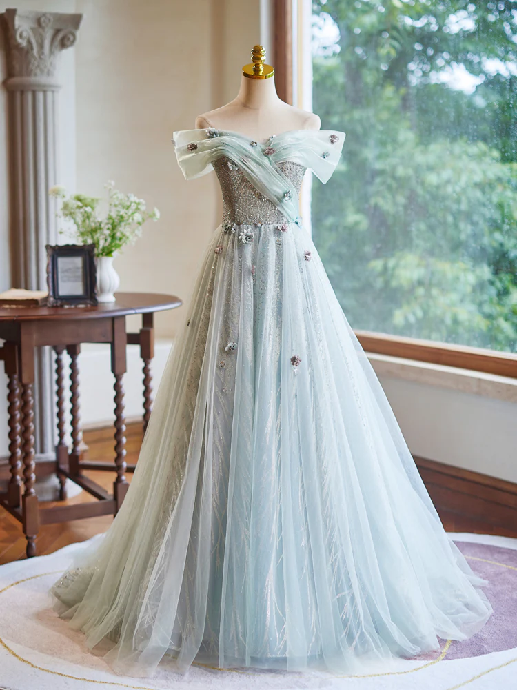 A-Line Off Shoulder Tulle Green Long Prom Dress, Green Long Evening Dress - Deanwangkt
