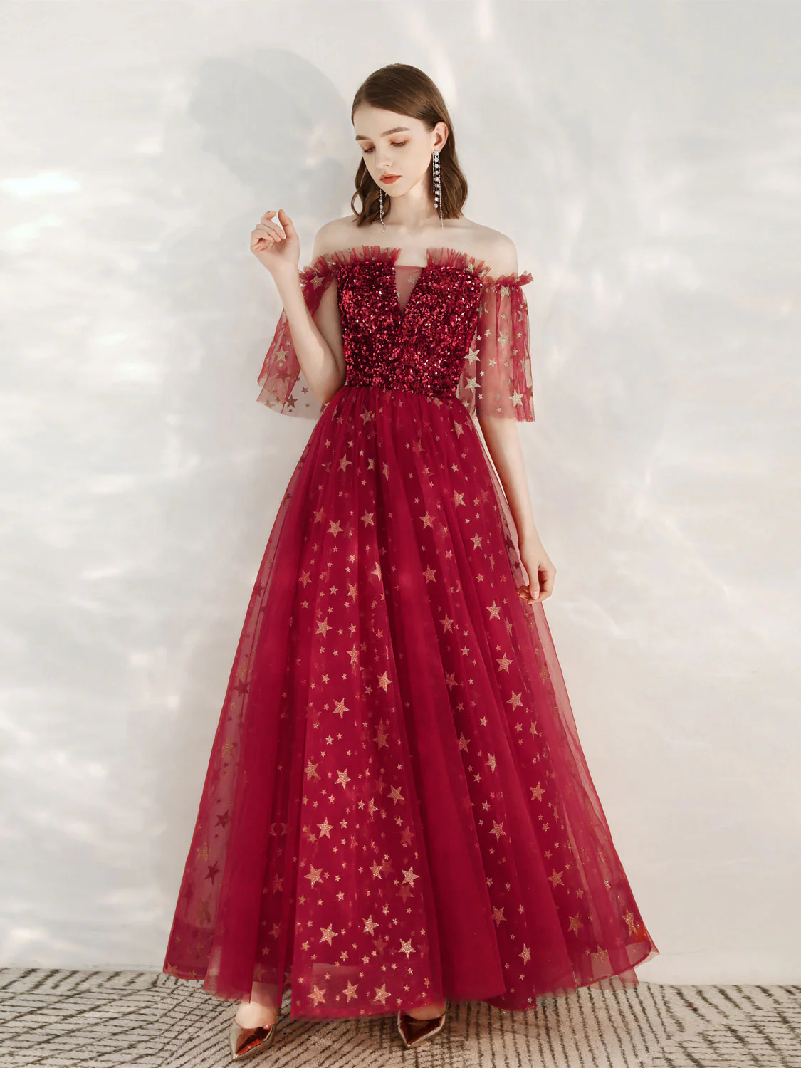 A-Line Burgundy Tulle Long Prom Dress, Burgundy Formal Evening Dresses - Deanwangkt