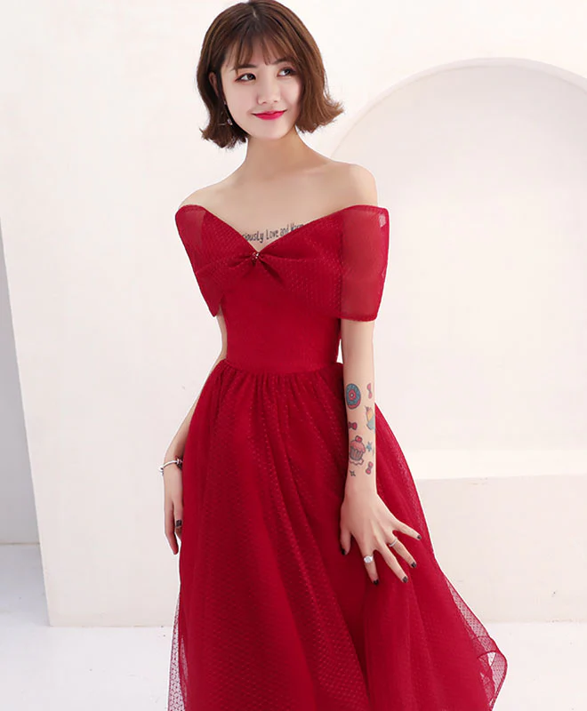 Burgundy Tulle Short Prom Dress, Burgundy Evening Dress - Deanwangkt