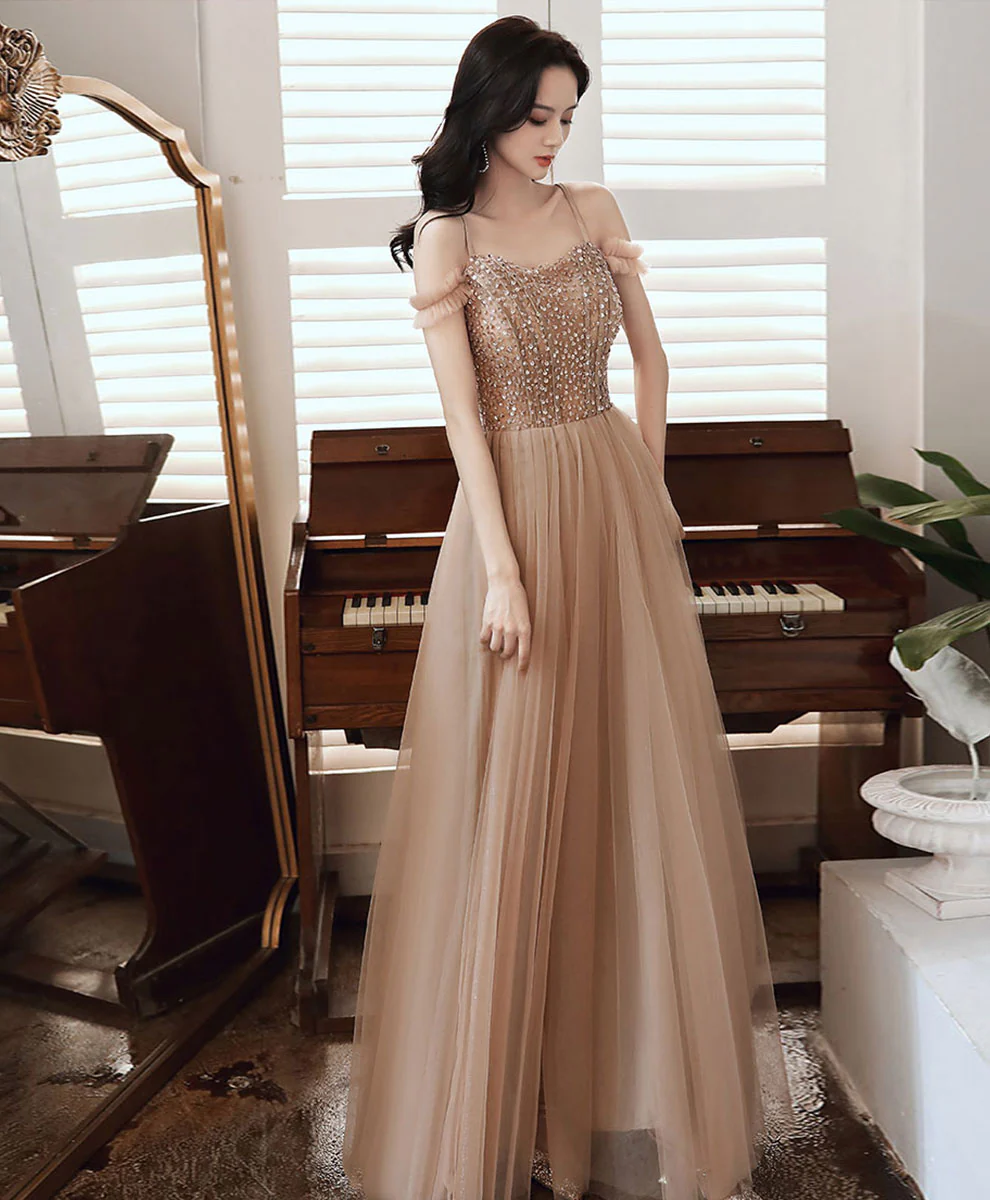 Champagne Sweetheart Aline Long Prom Dress with Beading - Deanwangkt
