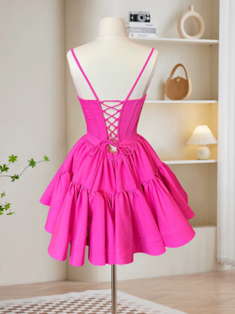 A-Line Pink Satin Short Prom Dress, Backless Cute Pink Homecoming Dress - Deanwangkt