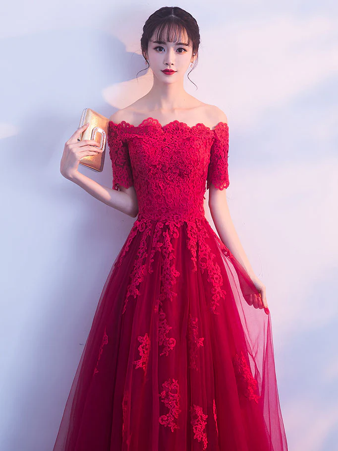 Burgundy Tulle Lace Long Prom Dress, Burgundy Tulle Bridesmaid Dresses - Deanwangkt