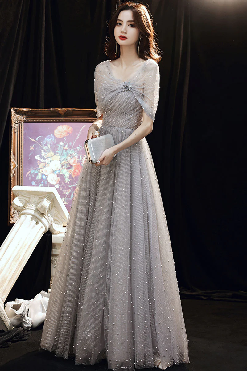 Gray A line Long Prom Dress, A line Formal Graduation Dress with Beading - Deanwangkt