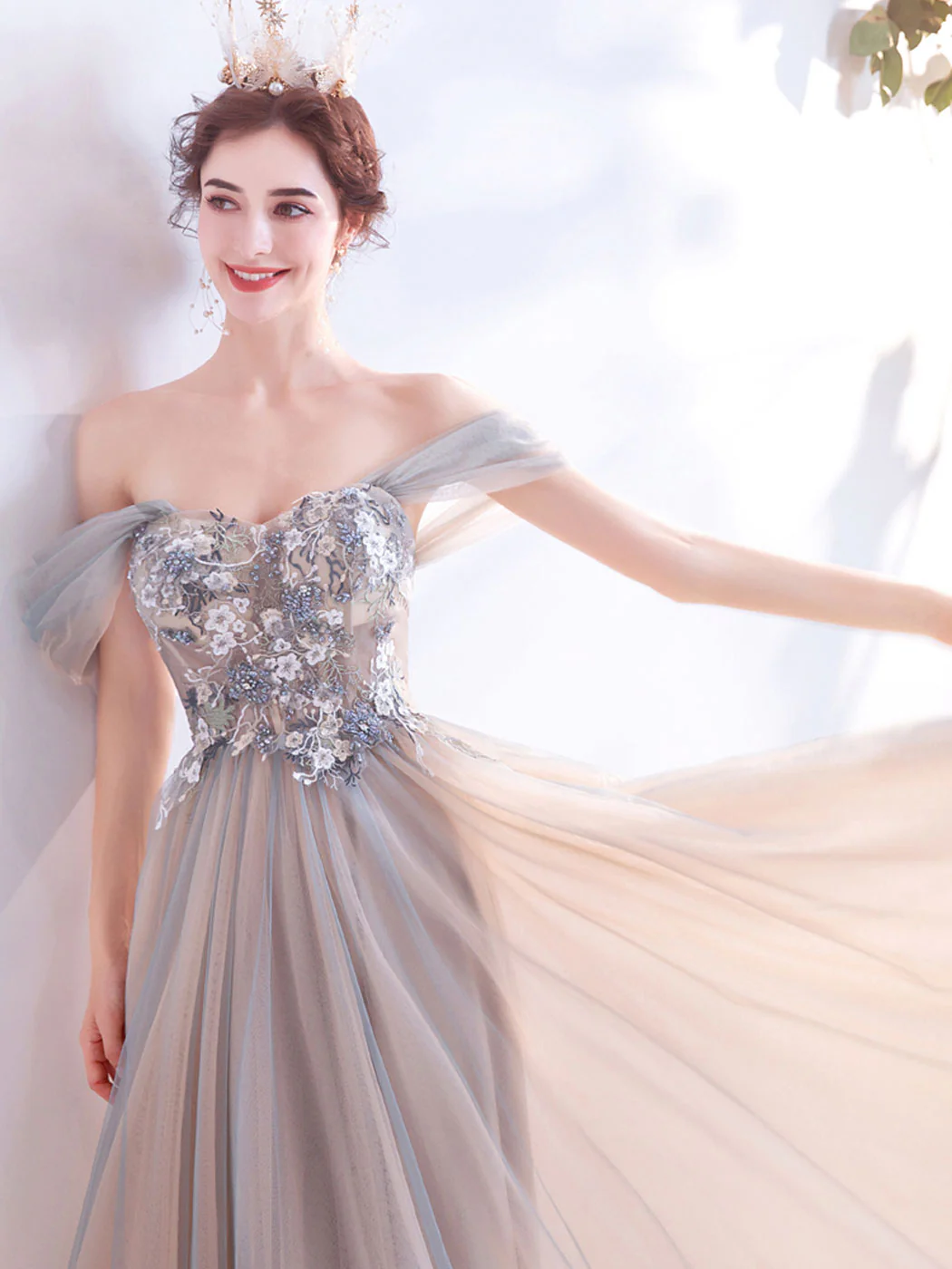 A-Line Off Shoulder Lace Champagne Long Prom Dress, Champagne Formal Dresses - Deanwangkt