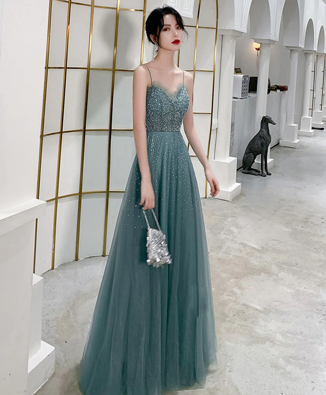 Green Sweetheart Neck Tulle Sequin Long Prom Dress, Tulle Graduation Dress - Deanwangkt
