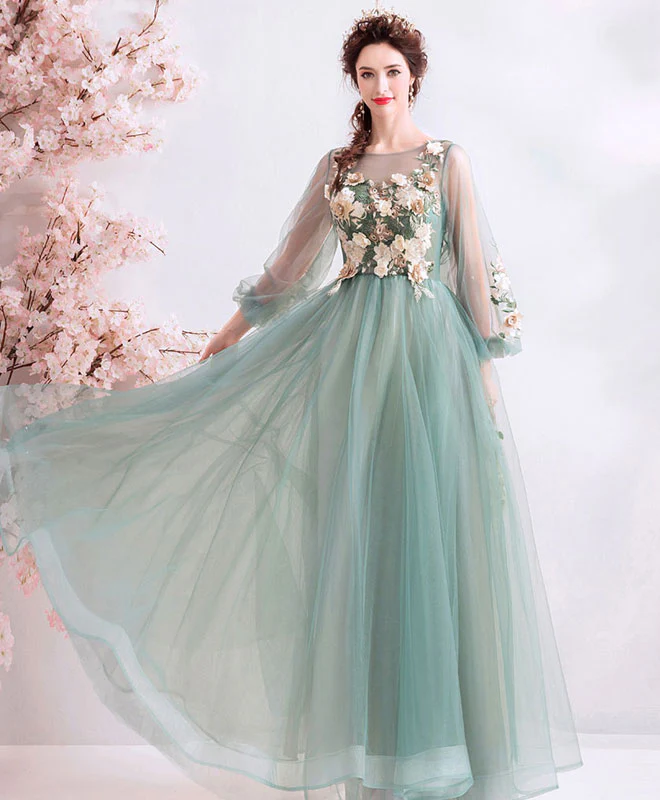 Green Round Neck Tulle Lace Long Prom Dress, Green Bridesmaid Dress - Deanwangkt