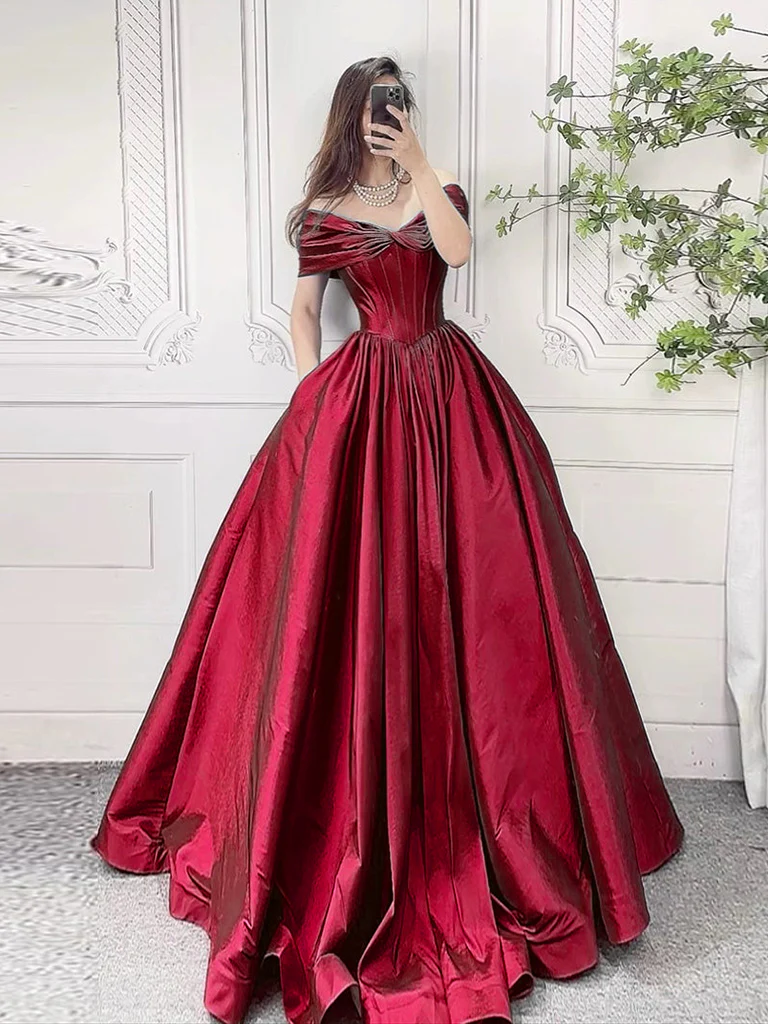 A-Line Off Shoulder Burgundy Long Prom Dress, Burgundy Long Formal Dress - Deanwangkt