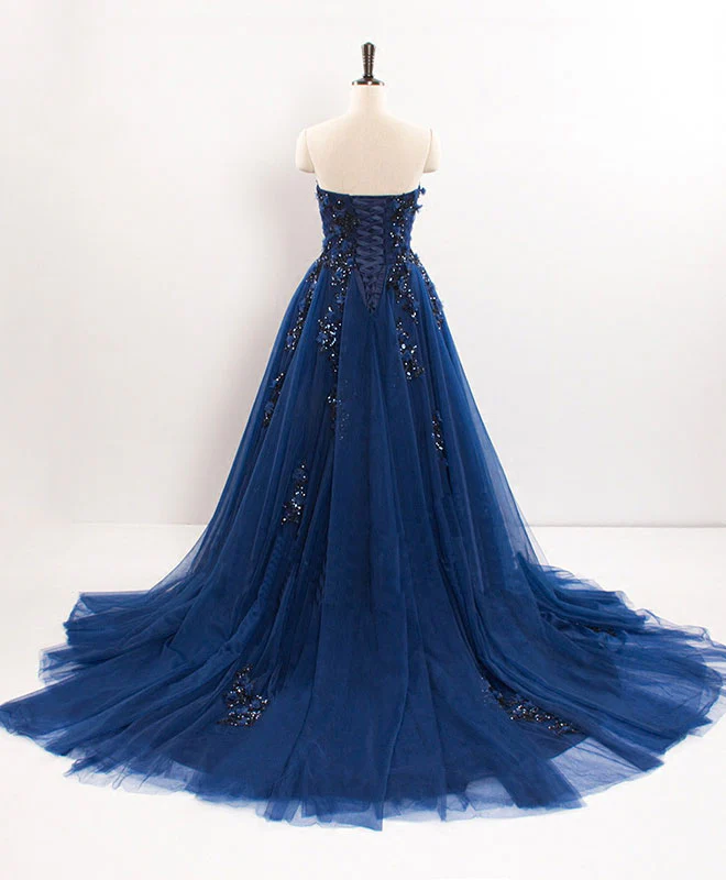 Dark Blue Sweetheart Tulle Lace Long Prom Dress Blue Tulle Evening Dress - Deanwangkt