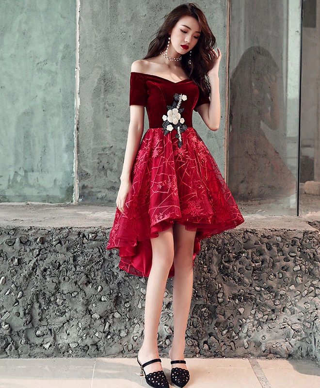 Burgundy Tulle Applique Short Prom Dress, Homecoming Dress - Deanwangkt
