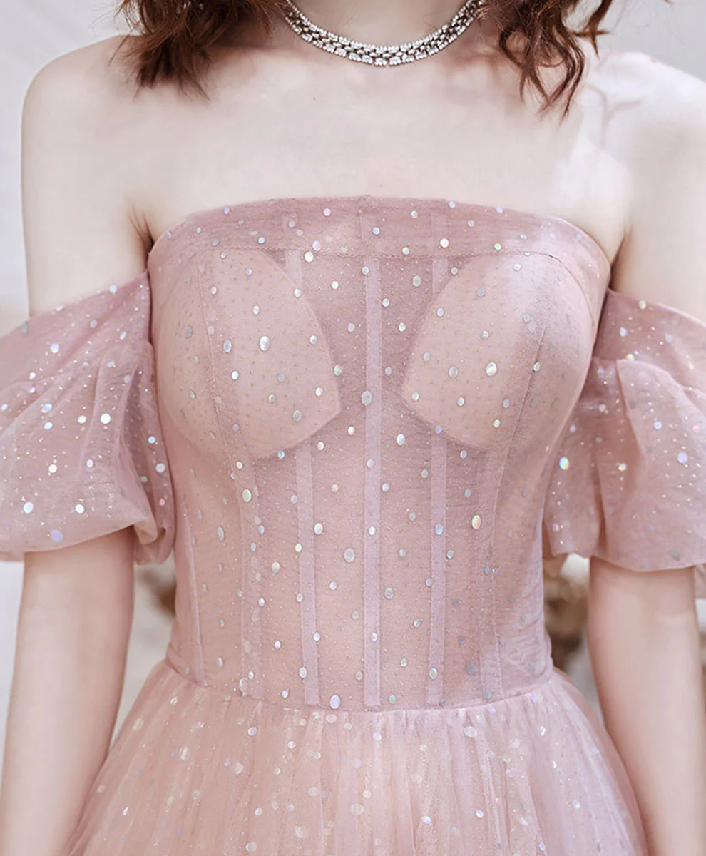 Pink Aline Tulle Long Prom Dress, Pink Formal Evening Party Dress - Deanwangkt