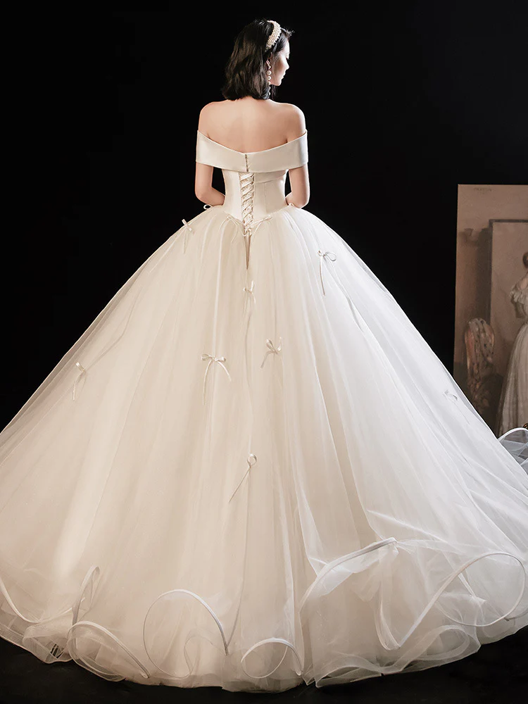 Ivory Off Shoulder Tulle Long Wedding Dress Ivory Bridal Gown - Deanwangkt