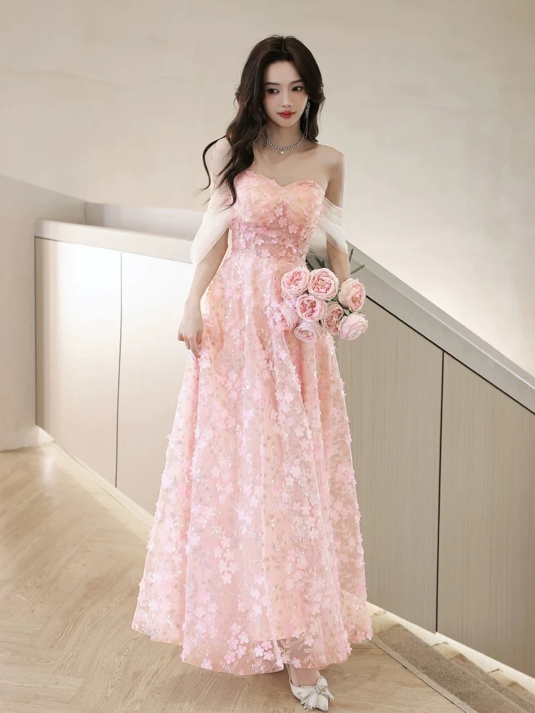 A-Line Off Shoulder Pink Long Prom Dress, Pink Long Graduation Dress - Deanwangkt