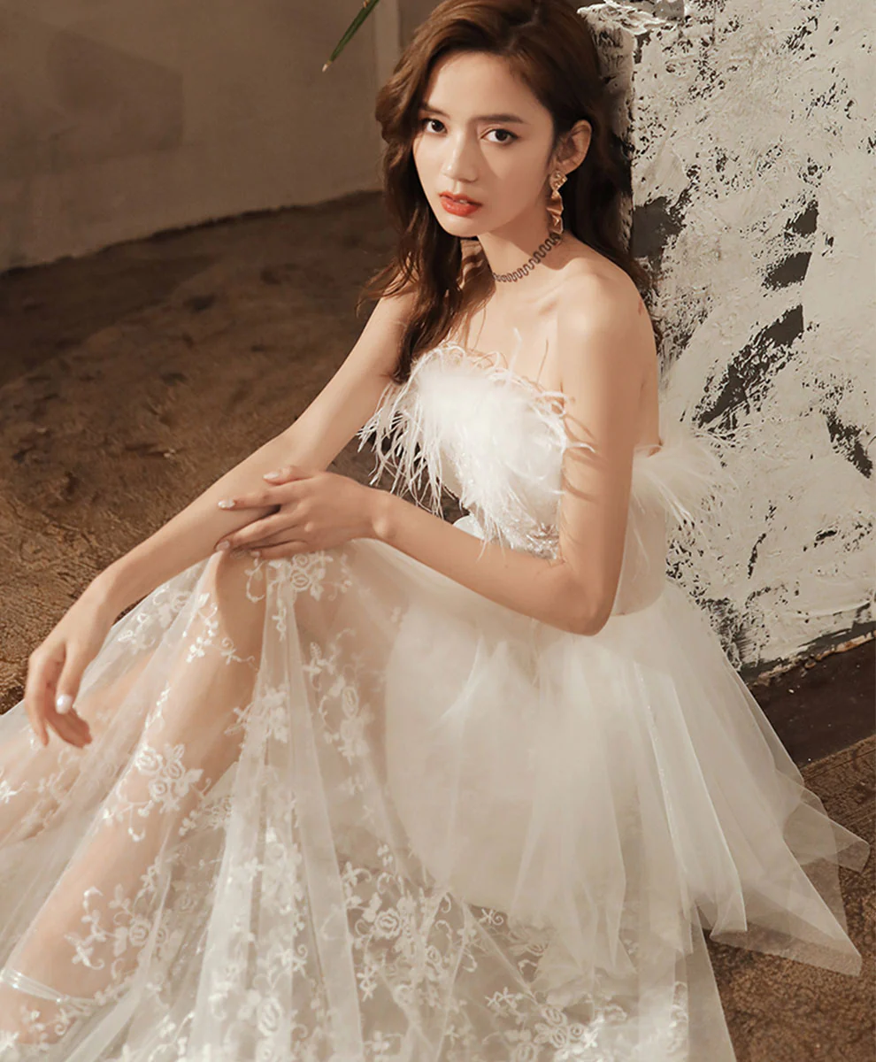 White Sweetheart Dress Tulle Lace Long Prom Dress Evening Dress - Deanwangkt