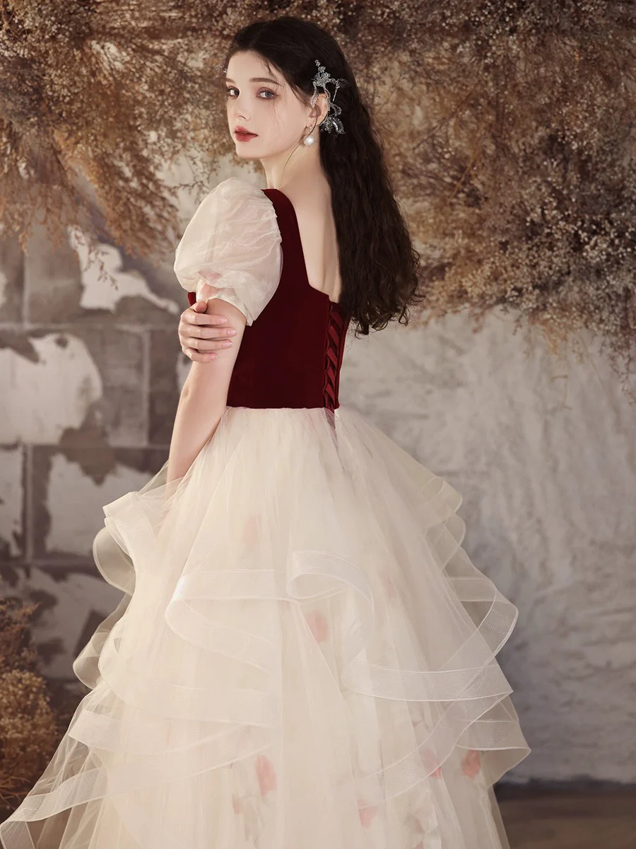 A-Line Tulle Velvet Burgundy/Champagne Long Prom Dress, Cute Sweet 16 Dress - Deanwangkt