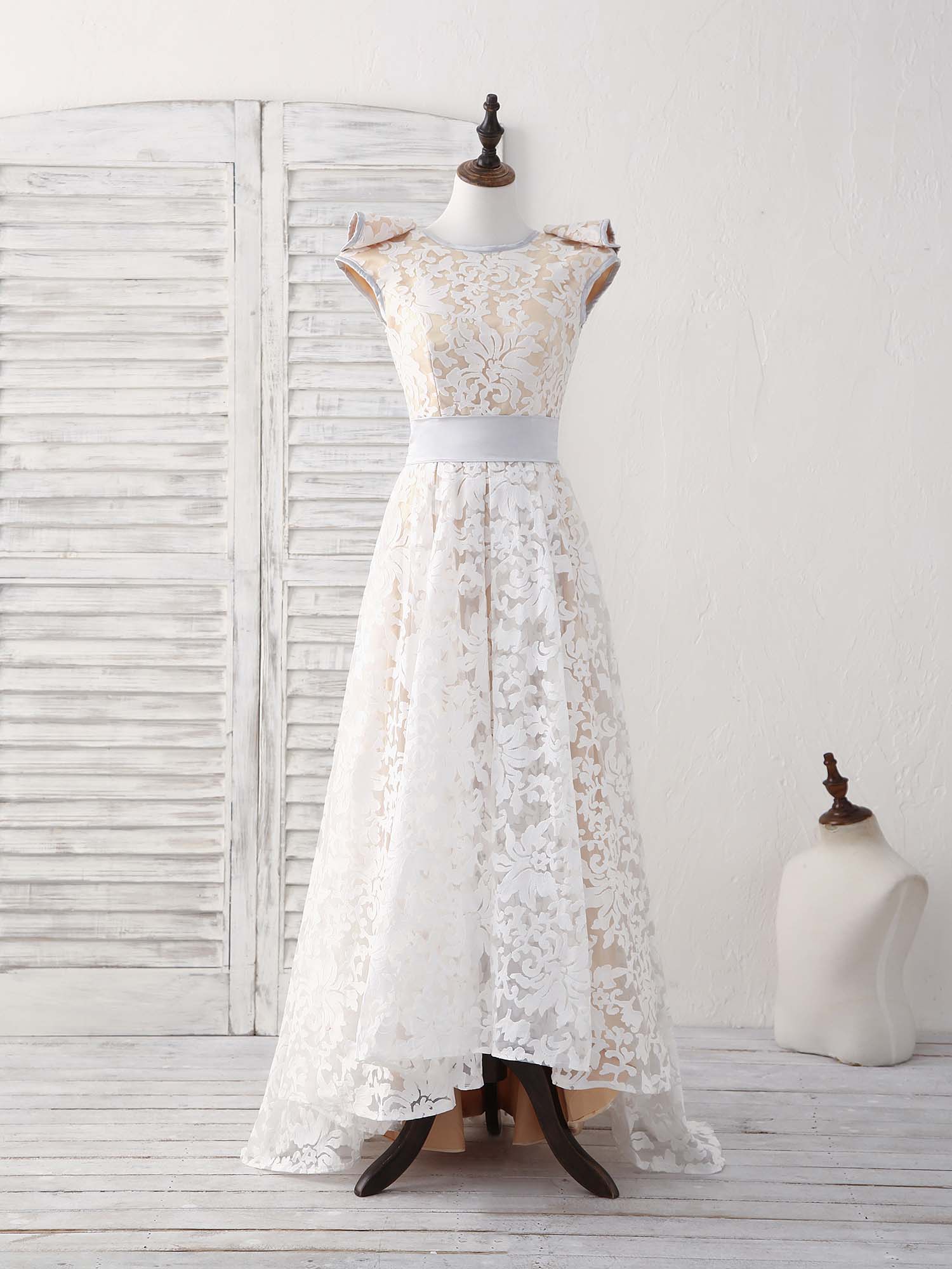 White Round Neck Lace High Low Prom Dress White Bridesmaid Dress - Deanwangkt