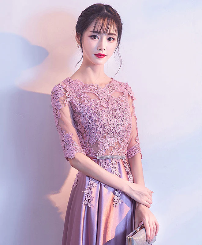 Cute Round Neck Satin Lace Short Prom Dress Lace Homecoming Dress - Deanwangkt