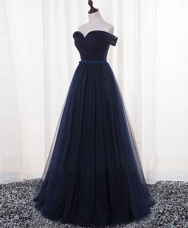 Dark Blue A Line Tulle Long Prom Dress, Evening Dress - Deanwangkt