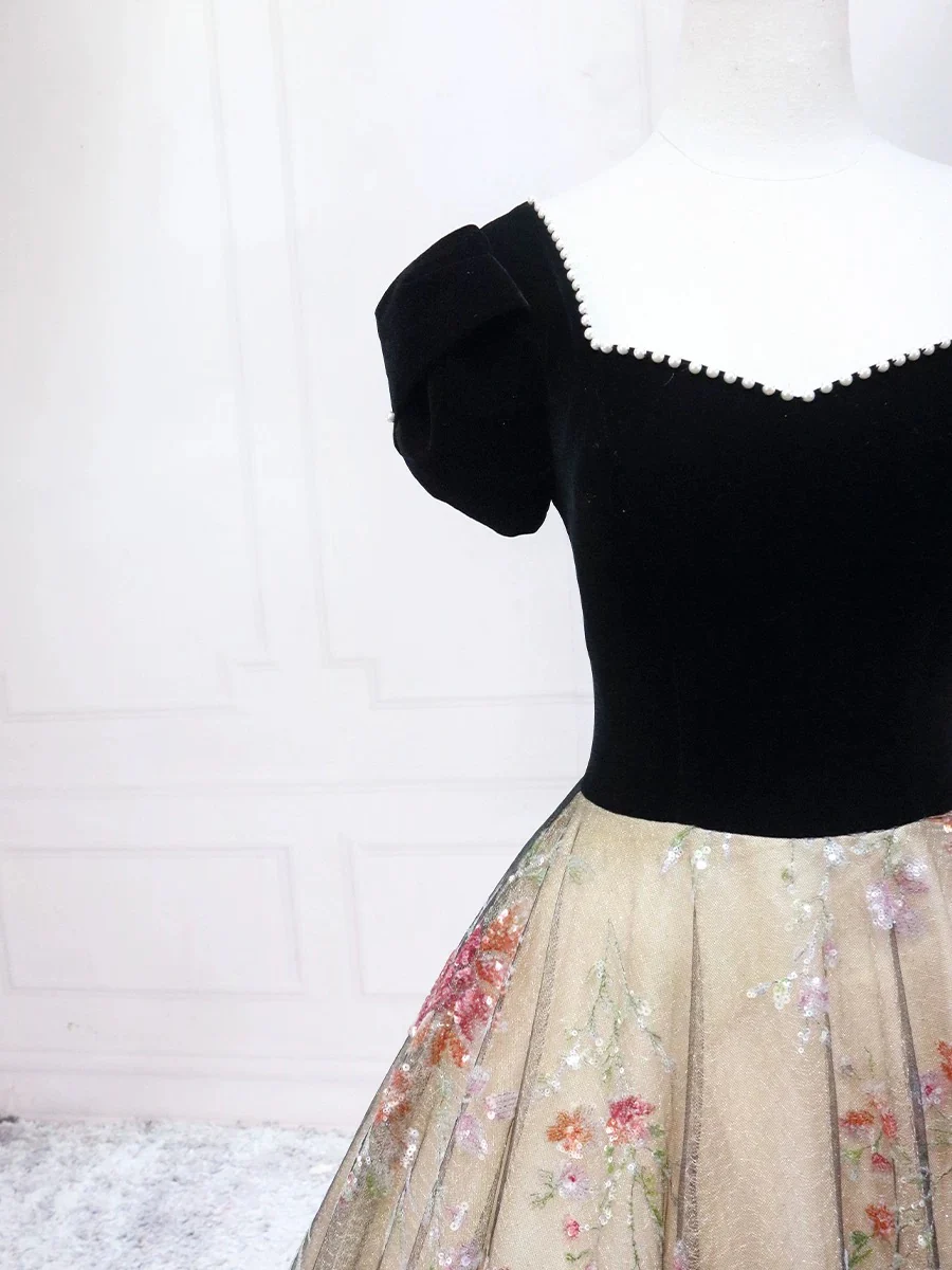 A-Line Tulle Lace Champagne/Black Long Prom Dress, Champagne/Black Formal Dress - Deanwangkt