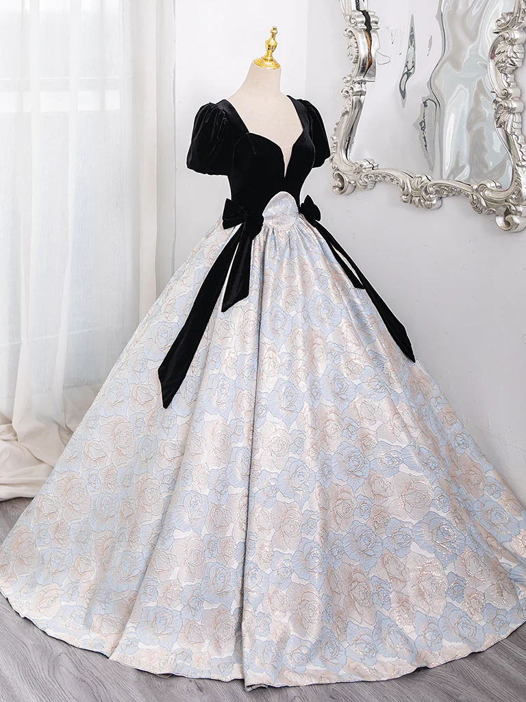 A-Line Short Sleeves Satin Velvet Black Long Prom Dress, Black Long Formal Dress - Deanwangkt