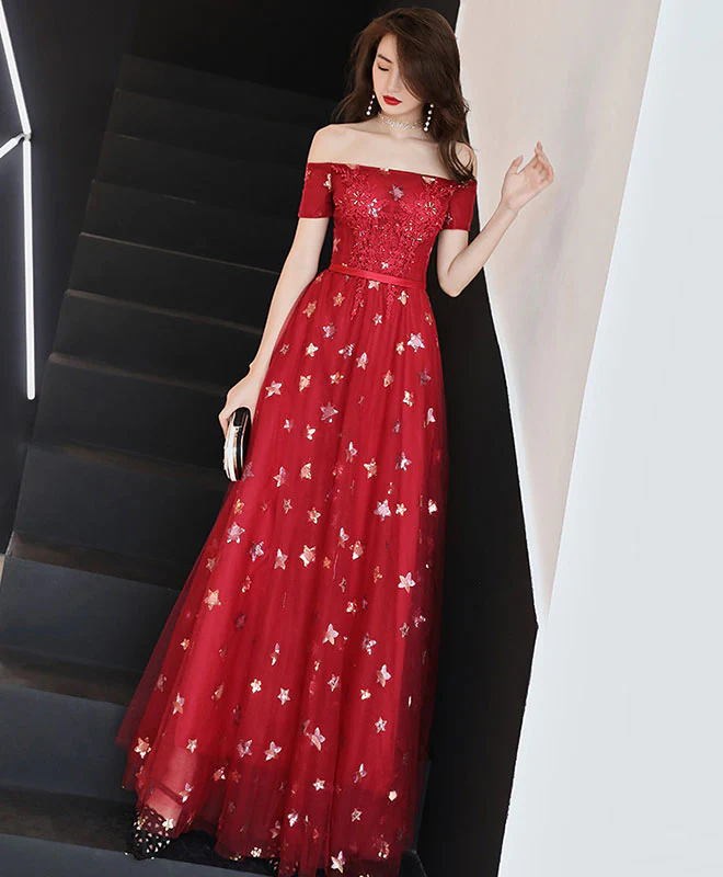 Burgundy Off Shoulder Tulle Long Prom Dress, Burgundy Evening Dress - Deanwangkt