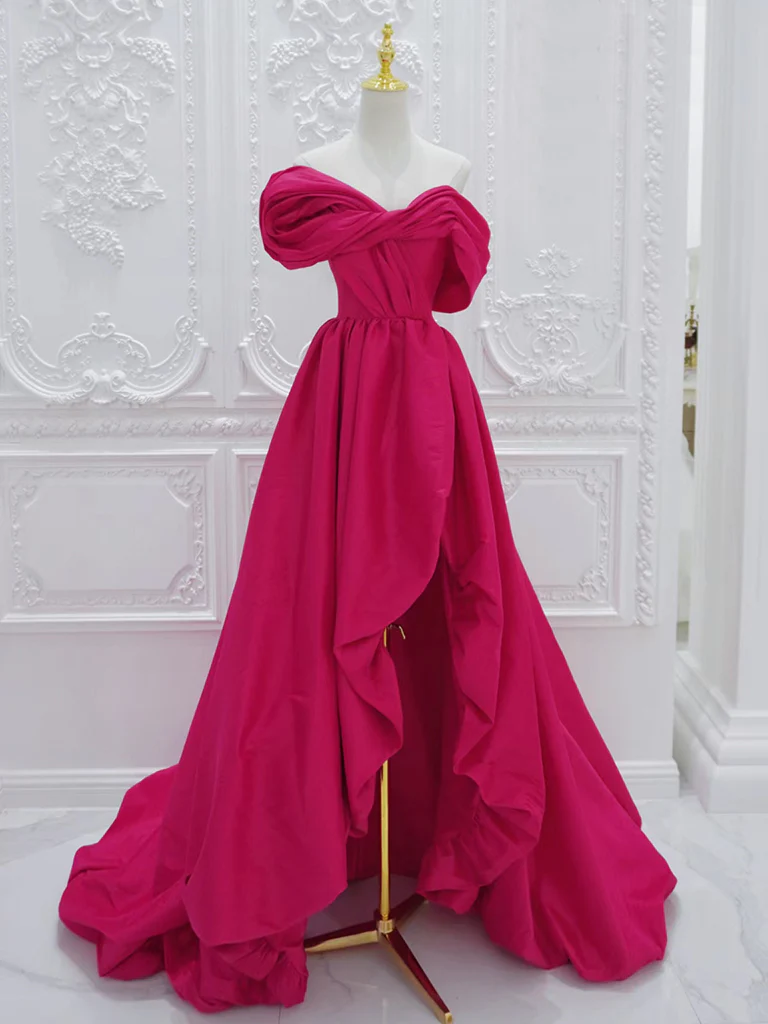 A-Line Off Shoulder Satin Rose Red Long Prom Dress, Rose Red Long Evening Dress - Deanwangkt