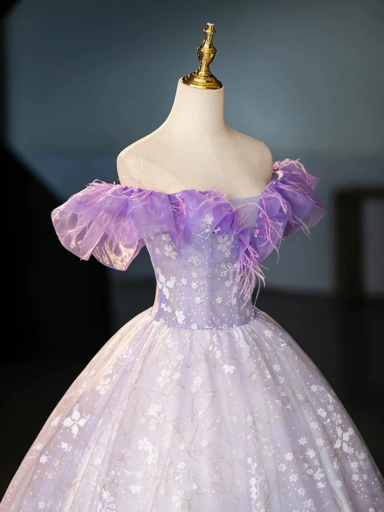 A-Line Off Shoulder Tulle Lace Purple Long Prom Dress, Purple Long Formal Dress - Deanwangkt