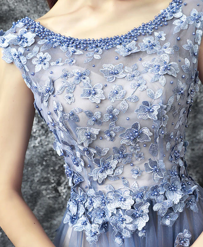 Blue Lace Applique Beads Tulle Long Prom Dress, Lace Evening Dress - Deanwangkt