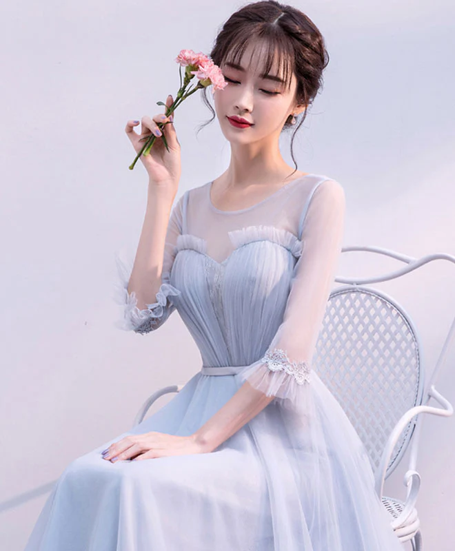 Gray V Neck Tulle Long Prom Dress, Gray Tulle Evening Dress - Deanwangkt