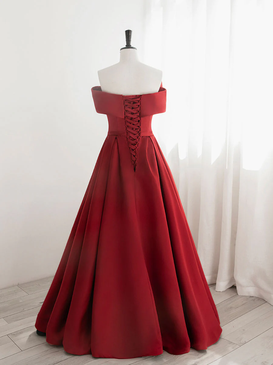 A-Line Satin Red Long Prom Dresses, Red Long Formal Dresses - Deanwangkt