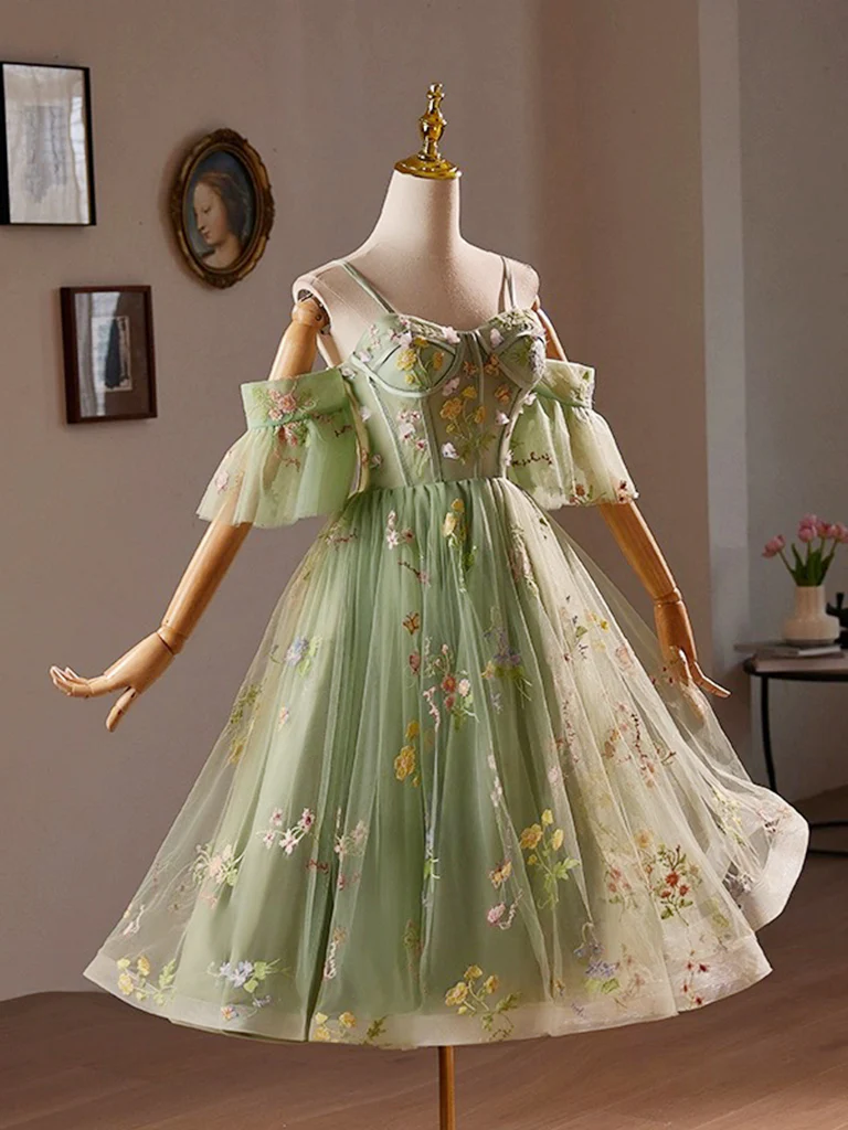 A-Line Off Shoulder Sweetheart Neck Tulle Lace Green Short Prom Dress - Deanwangkt