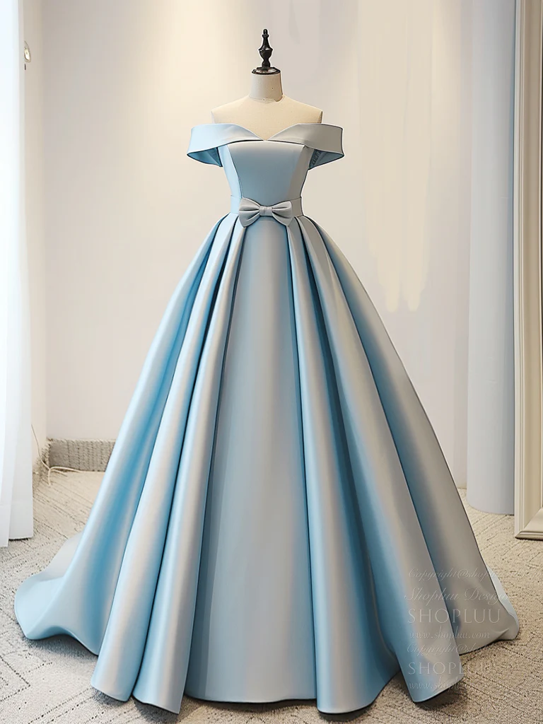 A-Line Off Shoulder Satin Blue Long Prom Dress, Blue Long Evening Dress - Deanwangkt