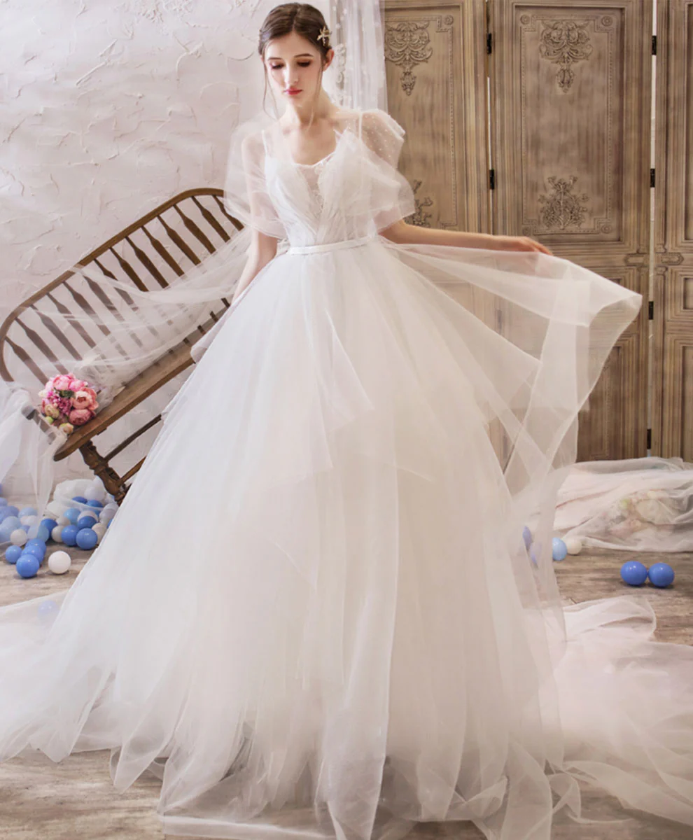 White V Neck Tulle Lace Long Wedding Dress Lace Bridal Dress - Deanwangkt