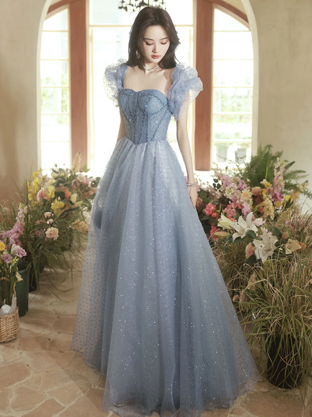 A-Line Sweetheart Neck Tulle Gray Blue Long Prom Dress, Gray Blue Formal Dress - Deanwangkt