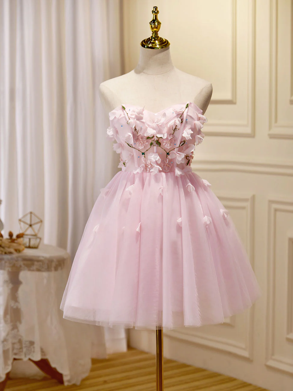 Mini/Short Pink Prom Dress, Cute Pink Homecoming Dresses with Beading Applique - Deanwangkt