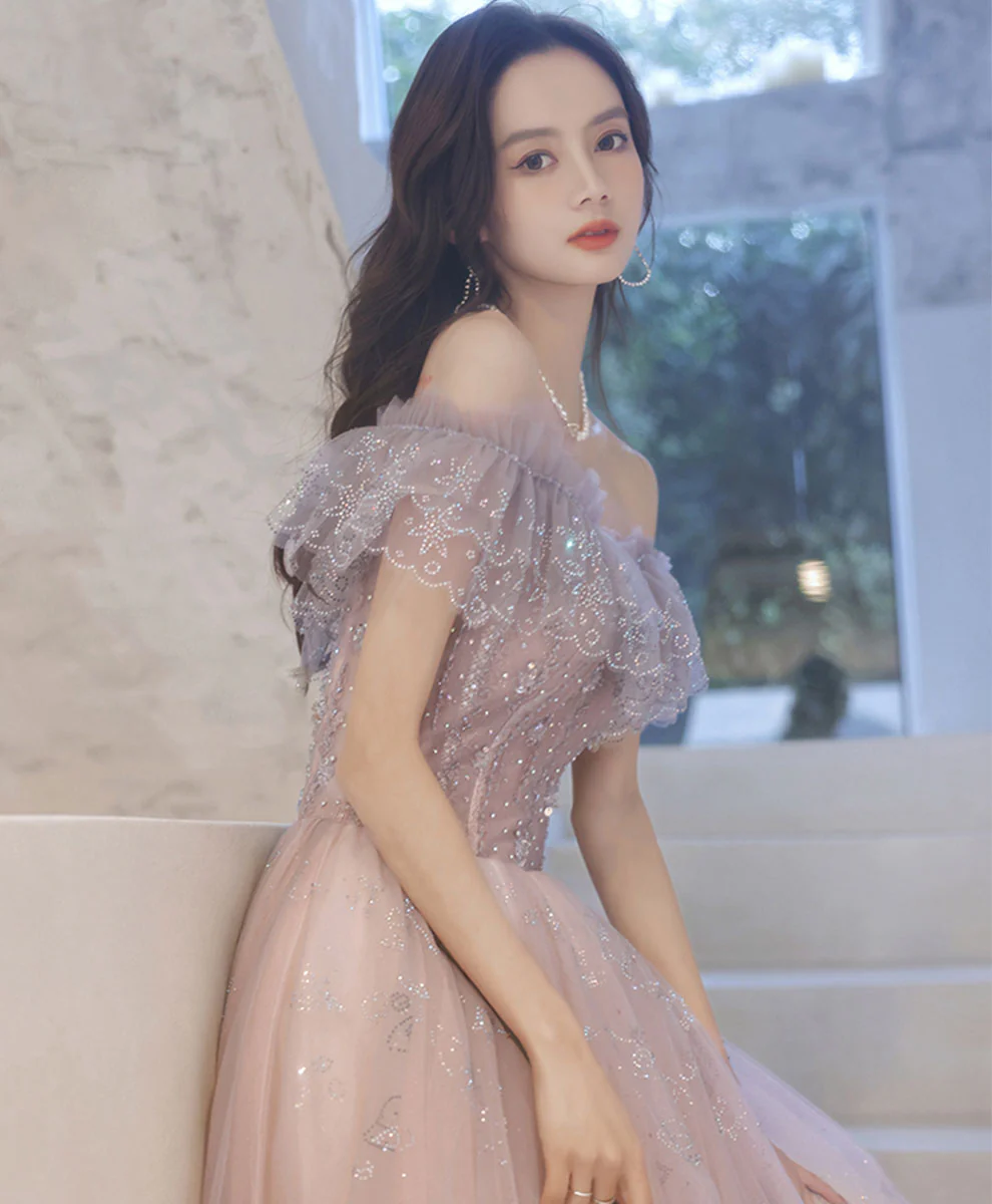 A-line Tulle Lace Off Shoulder Long Prom Dress Tulle Formal Dress - Deanwangkt