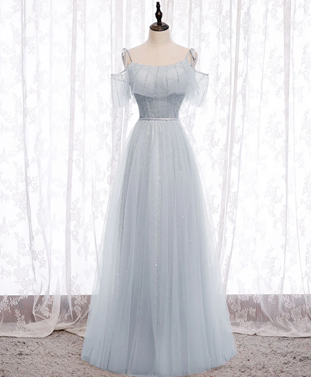 Gray A line Tulle Long Prom Dress, Gray Formal Bridesmaid Dress - Deanwangkt