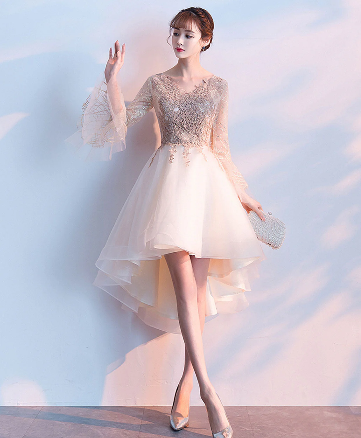 Champagne Round Neck Tulle Lace Short Prom Dress, Evening Dress - Deanwangkt