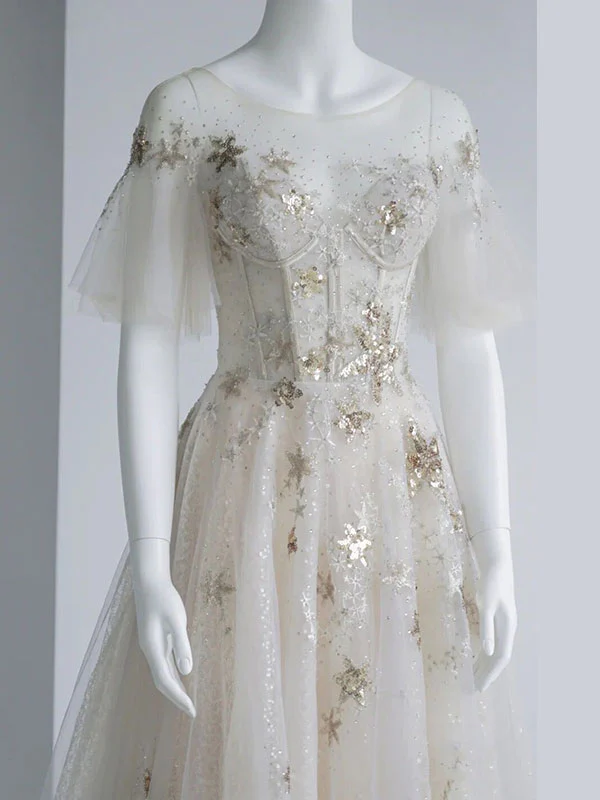 Light Champagne Tulle Sequin Tea Length Prom Dress, Tulle Formal Dress - Deanwangkt