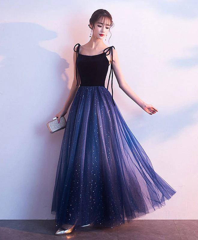 Simple Blue Tulle Long Prom Dress, Shiny Blue Evening Dress - Deanwangkt