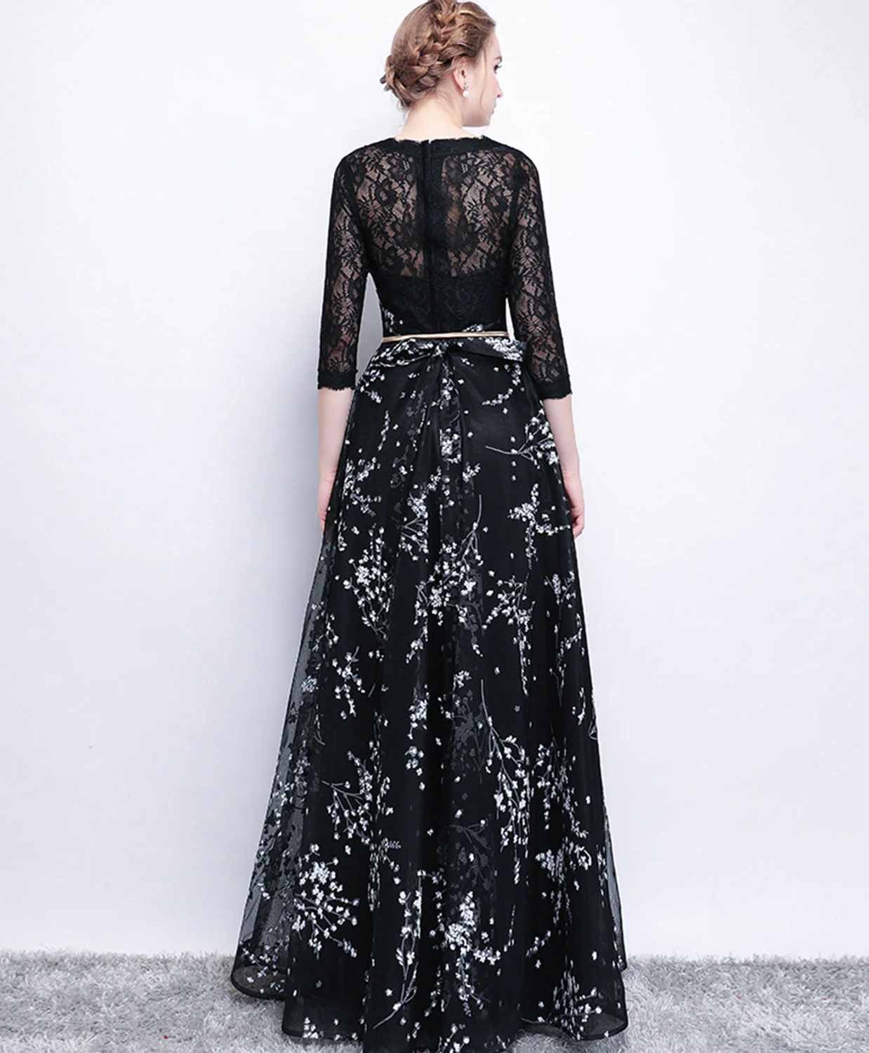 Black Lace Long Prom Dress, Long Sleeve Evening Party Dress - Deanwangkt