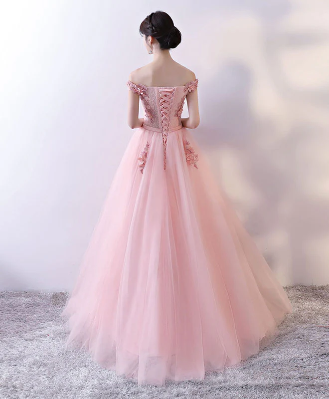 Pink Tulle Lace Long Prom Dress, Lace Evening Dress - Deanwangkt