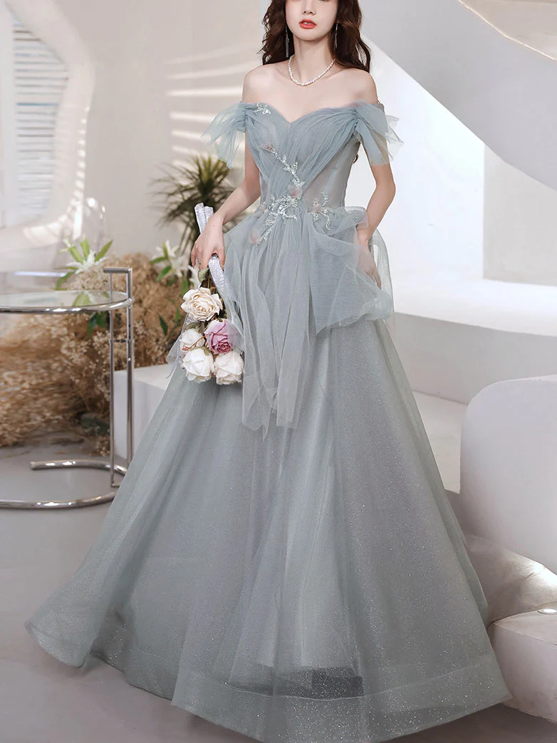Gray Blue Sweetheart Neck Tulle Long Prom Dress Gray Evening Dress - Deanwangkt