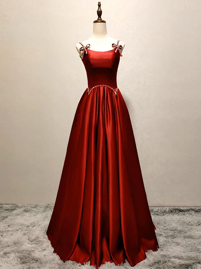 A-Line Satin Burgundy Long Prom Dress, Burgundy Long Formal Dress - Deanwangkt